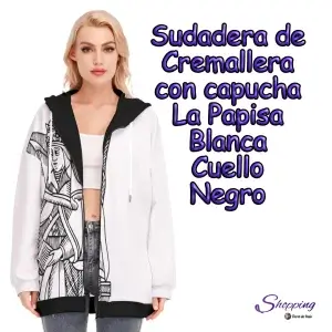 Sudadera de Cremallera con Capucha La Papisa Blanca Cuello Negro